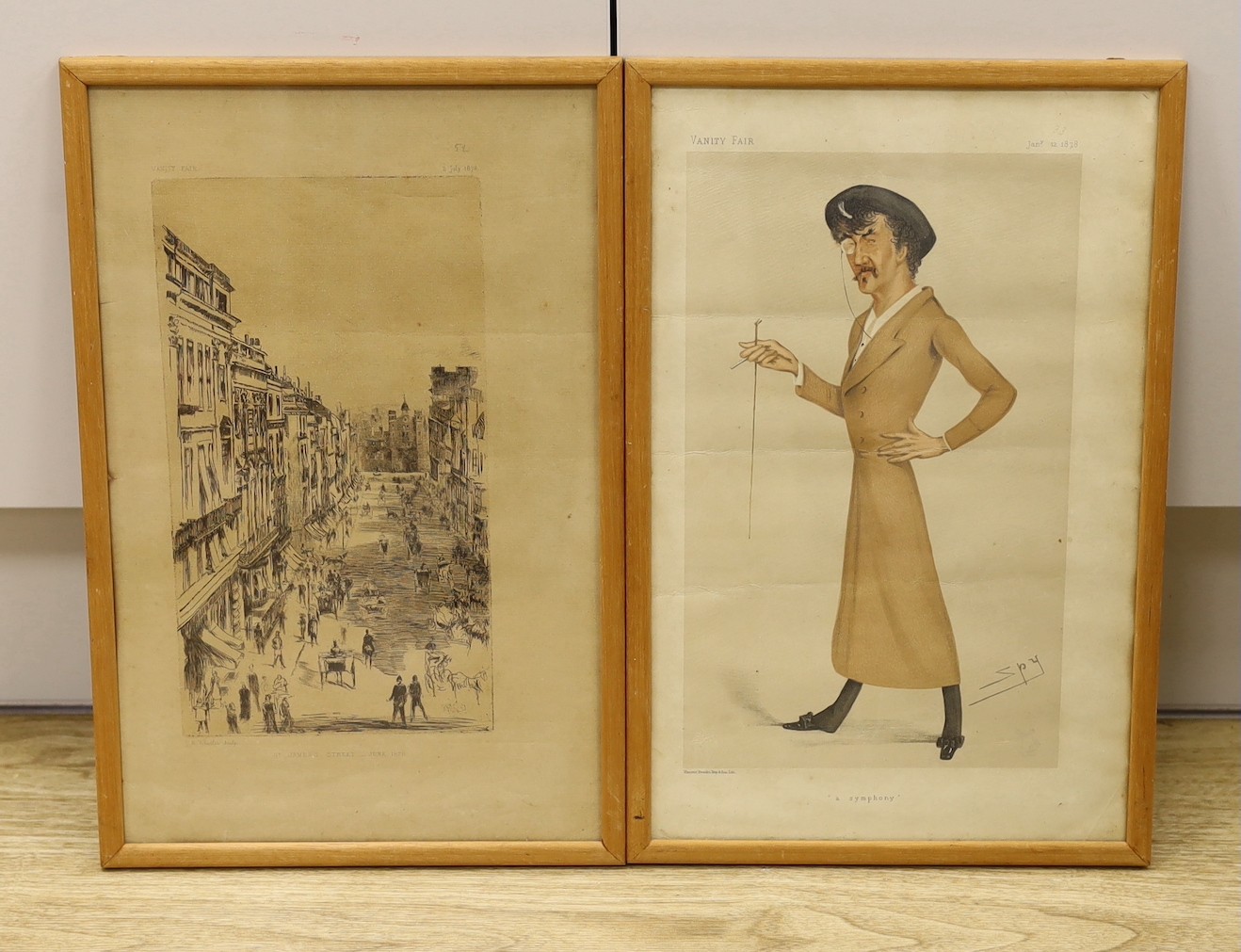 James Abbott McNeill Whistler (1834-1903), lithograph for Vanity Fair, 'St James's Street, June 1878', 28 x 16cm, with a Vanity Fair portrait of Whistler titled 'A Symphony', overall 37 x 23cm